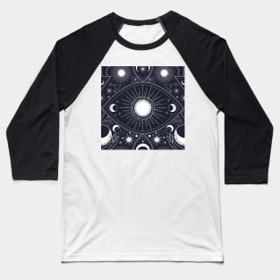 Magic pattern with constellations, sun, moon, magic eyes, hands and stars. Mystical esoteric background. Baseball T-Shirt